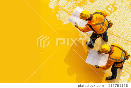 team of construction engineer workers in yellow helmets has meeting at work, planning and discussion 113761138