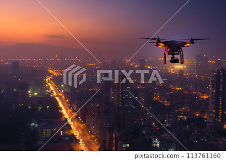 drone above the city at summer night 113761160