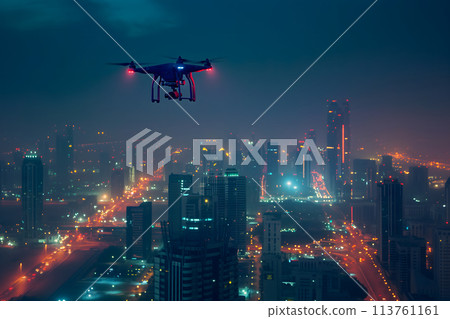 drone above the city at summer night 113761161