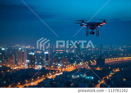 drone above the city at summer night 113761162