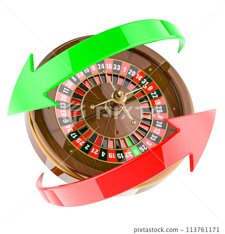 Casino roulette with green and red arrows around. 3d rendering Casino roulette with green and red arrows around. 3d rendering 113761171