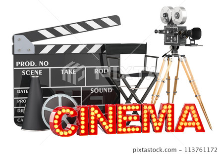 Cinema concept. Movie camera, film reels, chair, megaphone and clapperboard with cinema signboard from golden light bulb letters. 3D rendering 113761172