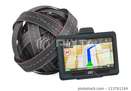 Roads knot with GPS navigation device. 3D rendering 113761184
