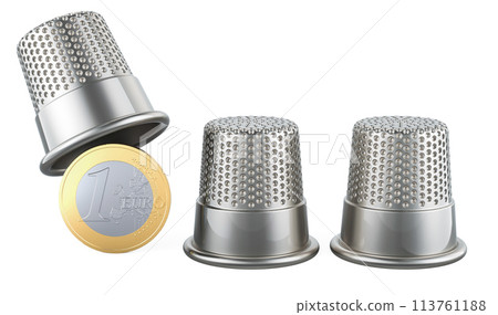 The shell game with euro coin. Financial manipulation, fraud concept. 3D rendering 113761188