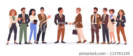Office people shaking hands. Businessmen shaking hands surrounded by applauding colleagues, business deal or agreement flat vector illustration. Business people handshake Office people shaking hands. Businessmen shaking hands surrounded by applauding colleagues, business deal or agreement flat vector illustration. Business people handshake 113761195