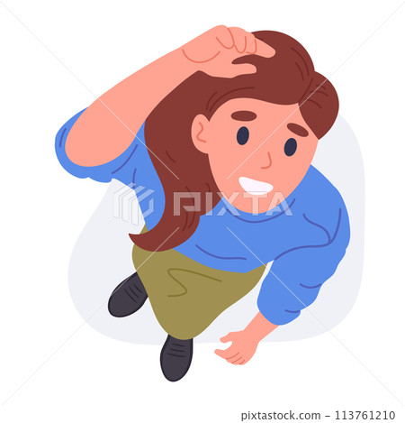 Female character look upwards. Cartoon woman top view, girl saw something in sky view from above, lady looking up flat vector illustration. Surprised person staring up Female character look upwards. Cartoon woman top view, girl saw something in sky view from above, lady looking up flat vector illustration. Surprised person staring up 113761210