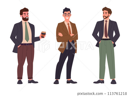 Male business people. Busy office characters wearing business suits, standing office colleagues or business team members flat vector illustration set. Cartoon businessmen group 113761218