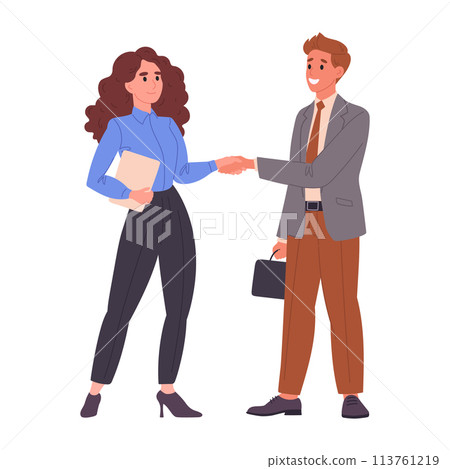 Office colleagues shaking hands. Business deal handshake, male and female business people handshake flat vector illustration. Business deal handshake scene 113761219