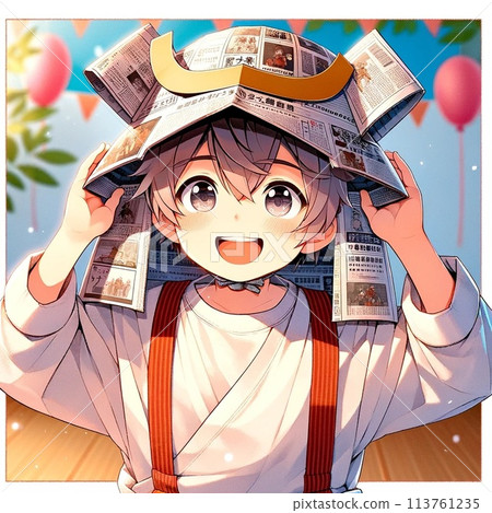 戴著報紙做安全帽的男孩 113761235