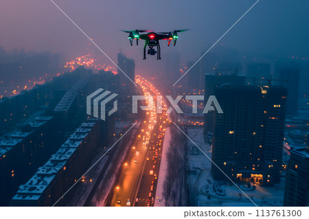 flying drone above the city at snowy winter night flying drone above the city at snowy winter night 113761300