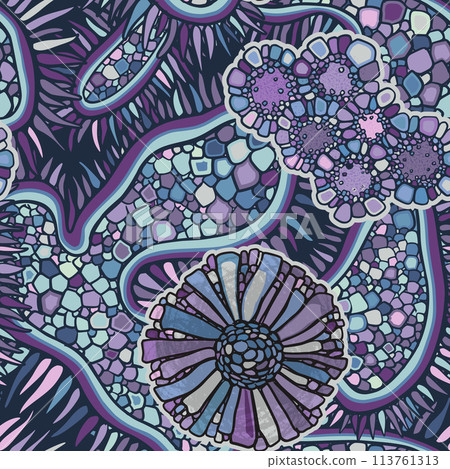 Vector seamless colorful abstract organic pattern. Abstract background in biological style. Macro image, plants, magnified under a microscope. Vector seamless colorful abstract organic pattern. Abstract background in biological style. Macro image, plants, magnified under a microscope. 113761313