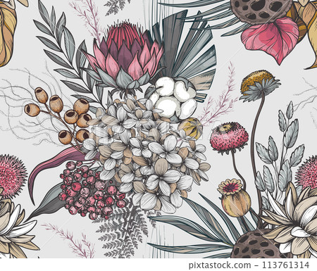 Vector seamless pattern with dried flowers, leaves and branches. Endless floral background Vector seamless pattern with dried flowers, leaves and branches. Endless floral background 113761314