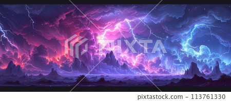 A stormy climate with bright lightning, dark clouds, fierce energy, thunderbolt, high voltage, powerful night weather 113761330