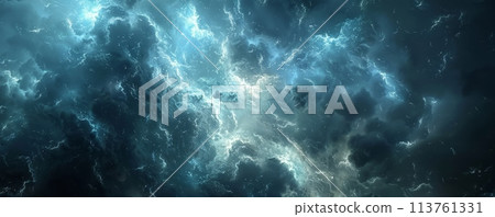 A stormy climate with bright lightning, dark clouds, fierce energy, thunderbolt, high voltage themes, and powerful night weather 113761331