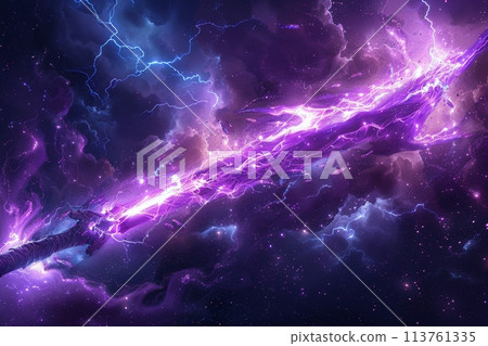 Bright purple lightning illuminates a fierce storm, showcasing charged particles in a dramatic, powerful night weather scene Bright purple lightning illuminates a fierce storm, showcasing charged particles in a dramatic, powerful night weather scene 113761335