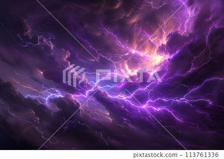 Bright purple lightning bolt in an intense electrical storm, charged particles visible, dramatic and powerful night weather scene 113761336