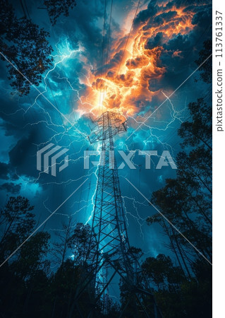 Electric discharge from a lightning rod glows intensely against stormy sky, highlighting rod conductivity and environmental safety Electric discharge from a lightning rod glows intensely against stormy sky, highlighting rod conductivity and environmental safety 113761337