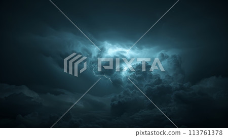 A lightning bolt striking from dark clouds, intense energy, a dramatic night sky, a theme of power and nature, with a focus on the bright flash and thunderbolt 113761378