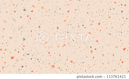 Peach Fuzz terrazzo seamless pattern on peach background. Seamless mosaic modern pattern. Granite seamless terrazzo flooring grunge vintage background 113761421