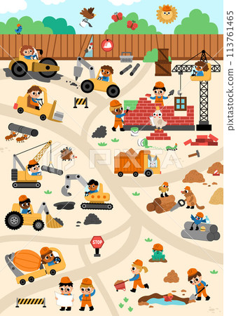 Vector construction site and road work vertical landscape illustration. Building scene with funny kid builders, transport, bulldozer, tractor, truck, crawler crane. Cute repair service map background Vector construction site and road work vertical landscape illustration. Building scene with funny kid builders, transport, bulldozer, tractor, truck, crawler crane. Cute repair service map background 113761465