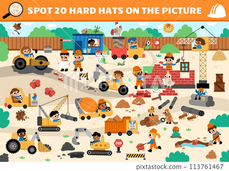 Vector construction site searching game with building works landscape. Spot hidden hard hats in the picture. Simple seek and find educational printable activity for kids with workers in uniform Vector construction site searching game with building works landscape. Spot hidden hard hats in the picture. Simple seek and find educational printable activity for kids with workers in uniform 113761467