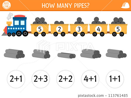 How many pipes game with cute freight train Construction site math addition activity for children. Simple building works printable counting worksheet for kids with engine and cars with load 113761485