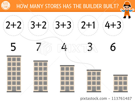 Match the numbers construction site game with builder and building. Math activity for preschool kids with worker. Educational counting worksheet. How many stores in the house 113761487