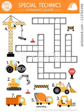 Vector construction site crossword puzzle for kids. Simple quiz with car, truck, excavator, bulldozer, lifting crane, forklift for children. Cute educational cross word activity with industrial Vector construction site crossword puzzle for kids. Simple quiz with car, truck, excavator, bulldozer, lifting crane, forklift for children. Cute educational cross word activity with industrial 113761490