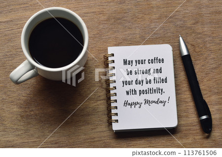 Motivational quote on notepad with coffee cup and pen on wooden desk Motivational quote on notepad with coffee cup and pen on wooden desk 113761506