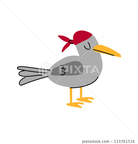 An illustration of a doodle seagull wearing a red bandana. Pirate bird. An illustration of a doodle seagull wearing a red bandana. Pirate bird. 113761516