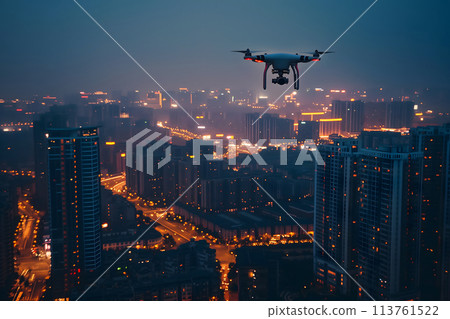 drone above the city at summer night 113761522