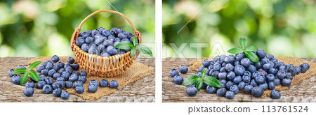 fresh ripe blueberry in wooden basket on table and white background 113761524