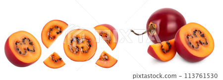 Fresh tamarillo fruit slices with leaves isolated on white background. Top view. Flat lay. Set or collection Fresh tamarillo fruit slices with leaves isolated on white background. Top view. Flat lay. Set or collection 113761530