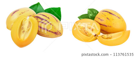 Fresh Pepino fruit with half isolated on white background. Fresh Pepino fruit with half isolated on white background. 113761535