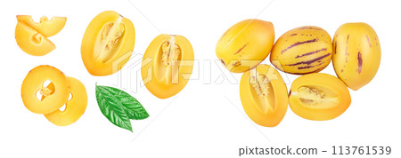 Fresh Pepino fruit half isolated on white background. Top view, flat lay 113761539