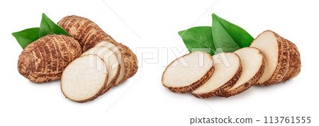 fresh taro root with slices and leaf isolated on white background fresh taro root with slices and leaf isolated on white background 113761555