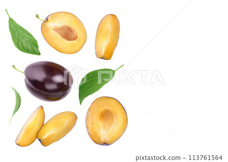 fresh purple plum and half isolated on white background with copy spase for your text. Top view. Flat lay fresh purple plum and half isolated on white background with copy spase for your text. Top view. Flat lay 113761564