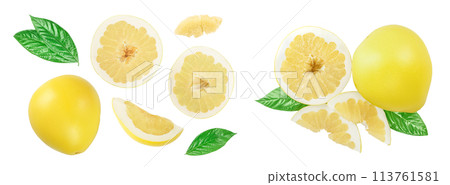 slice of pomelo isolated on white background. Top view. Flat lay. slice of pomelo isolated on white background. Top view. Flat lay. 113761581