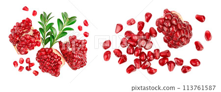 Pomegranate peaces isolated on white background with full depth of field. Top view. Flat lay 113761587