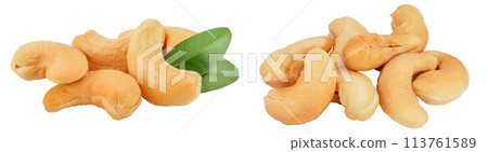 Roasted Cashew nuts with leaf isolated on white background with full depth of field. 113761589