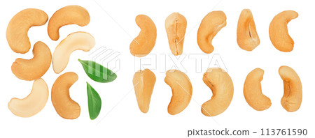 Roasted Cashew nuts isolated on white background with full depth of field. Top view with copy space for your text. Flat lay 113761590