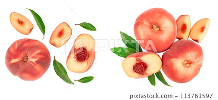 Ripe chinese flat peach fruit and half with leaf isolated on white background. Top view. Flat lay Ripe chinese flat peach fruit and half with leaf isolated on white background. Top view. Flat lay 113761597
