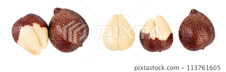 Salak snake fruit isolated on white background with full depth of field. Top view. Flat lay. Salak snake fruit isolated on white background with full depth of field. Top view. Flat lay. 113761605