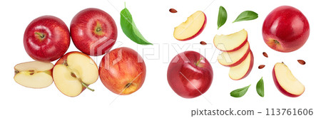 Red apple with half isolated on white background with full depth of field. Top view. Flat lay. 113761606