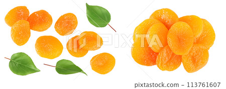 Dried apricots isolated on white background with full depth of field. Top view. Flat lay Dried apricots isolated on white background with full depth of field. Top view. Flat lay 113761607