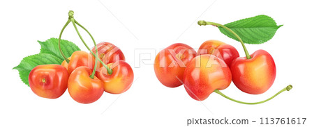 yellow-red sweet cherry isolated on white background with full depth of field 113761617