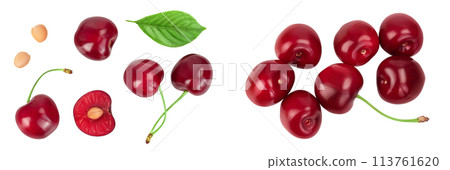 red sweet cherry isolated on white background . Top view. Flat lay red sweet cherry isolated on white background . Top view. Flat lay 113761620