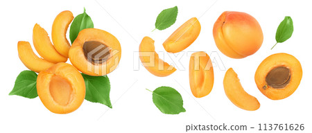 apricot fruit with half and slices isolated on white background. Clipping path. Top view. Flat lay apricot fruit with half and slices isolated on white background. Clipping path. Top view. Flat lay 113761626
