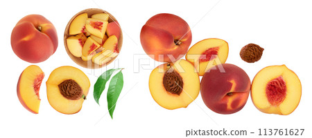ripe peach isolated on white background . Top view with copy space for your text. Flat lay pattern ripe peach isolated on white background . Top view with copy space for your text. Flat lay pattern 113761627