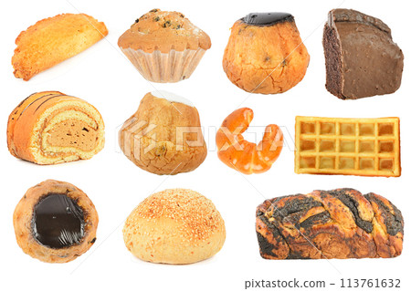 Different types of sweet and tasty pastries isolated on white 113761632